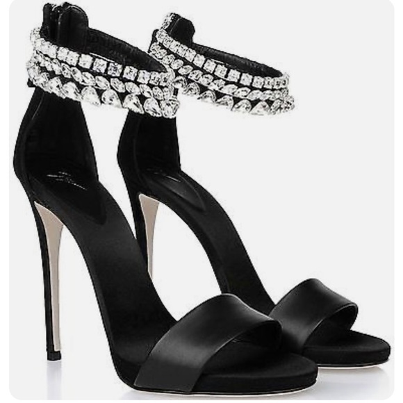 Giuseppe Zanotti Shoes - Giuseppe Zanotti Silver Crystal Embellished Heels Black Leather Sandals Shoes